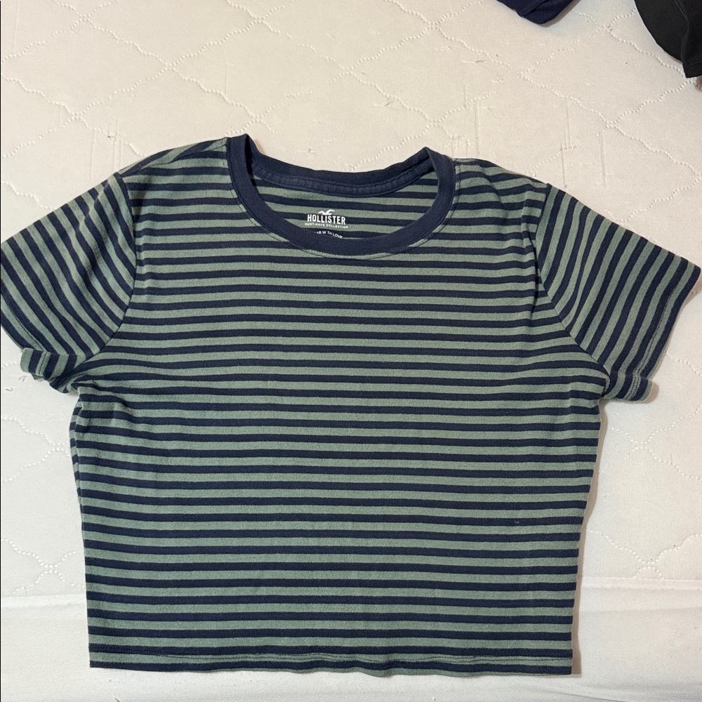 Hollister Navy and Olive Striped Tee